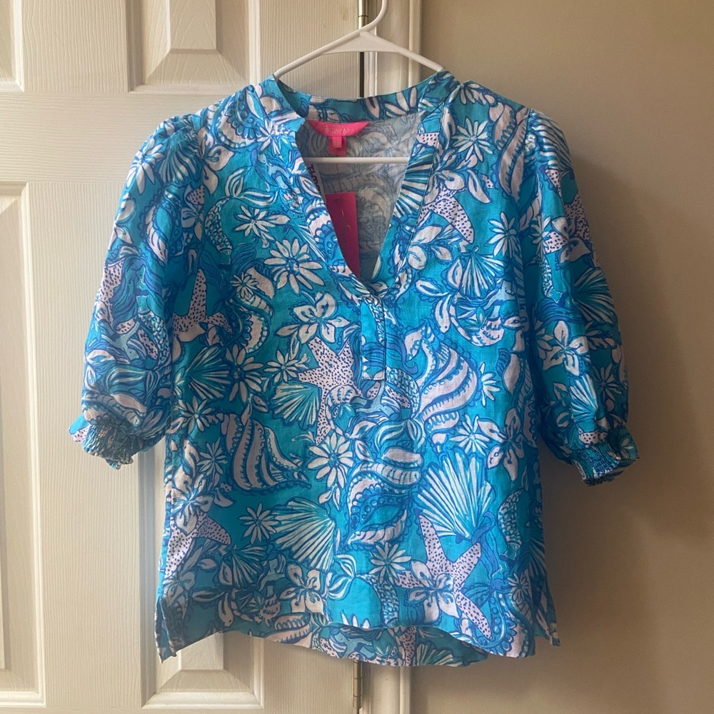 Lilly Pulitzer Blue and White Puff Sleeve Blouse